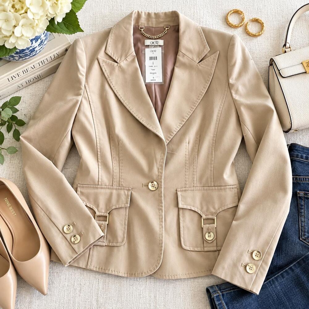 Cache Beige Blazer Size 4 Gold Button Buckle Pocket Y2K Quiet Luxury Jacket